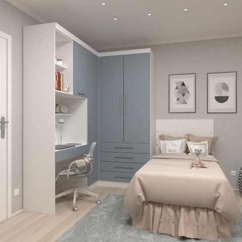 Quarto Modulado Solteiro de Canto 3 Peças 4 Portas 4 Gavetas Alpes Luciane