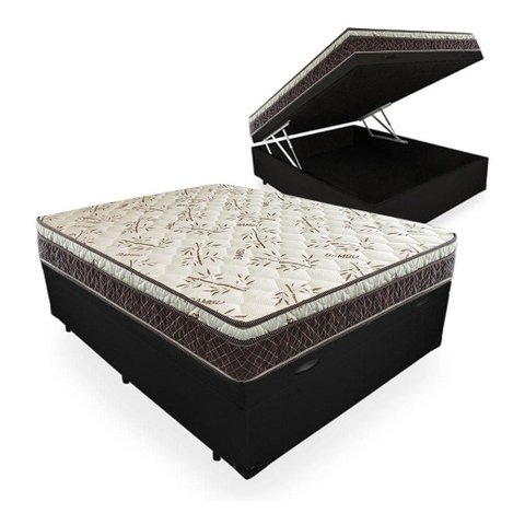 Cama Box Baú Casal Conforto Sintético Preto + Colchão Casal Conforto Espuma D33 Com EPS 24x138x188