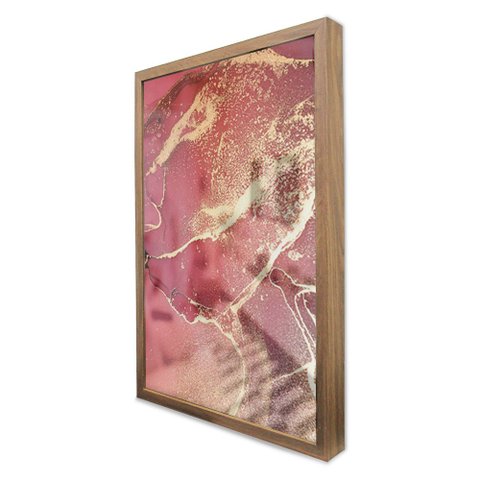 Quadro Decorativo Caixa Alta com Vidro Abstrato Mármore Rosa Perolado TaColado Moldura Madeira 90 x 