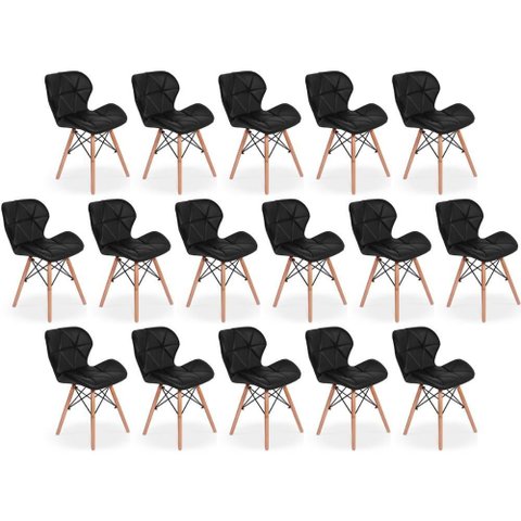 Kit 16 Cadeiras de Jantar Charles Eames Slim Wood Estofada - Preto
