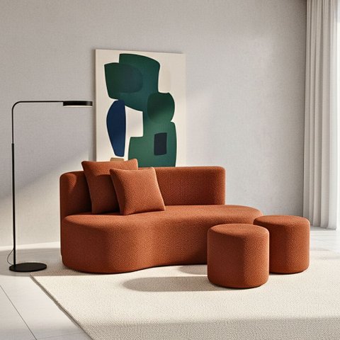 Conjunto Sofá Curvo Orgânico + 2puffs Nature Gaia Boucle Terracota - Montanaris Decor