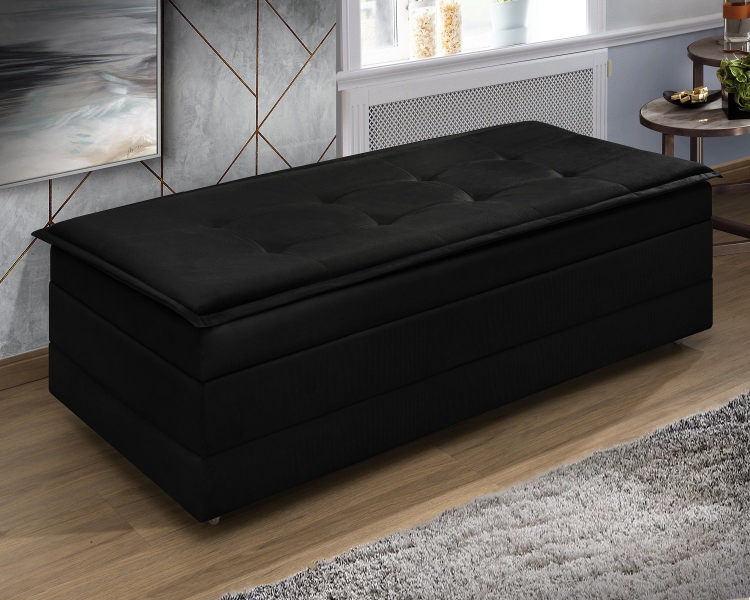 Puff Recamier que Vira Cama Casal Estofado para Quarto:preto