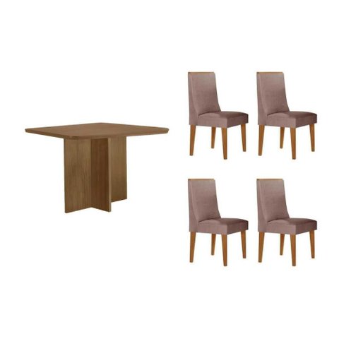 Conjunto: Mesa Sala Jantar Berlim Curvo 90cm + 4 Cadeiras Dakota Naturale - Linho Capuccino - Rufato