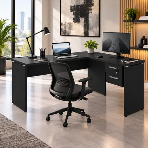 Mesa Escrivaninha 30mm 150cm em L com Gaveteiro Pés Painel F5 Office Cor:Preto