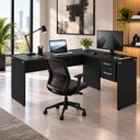 Ver imagem 1 de Mesa Escrivaninha 30mm 150cm em L com Gaveteiro Pés Painel F5 Office Cor:Preto