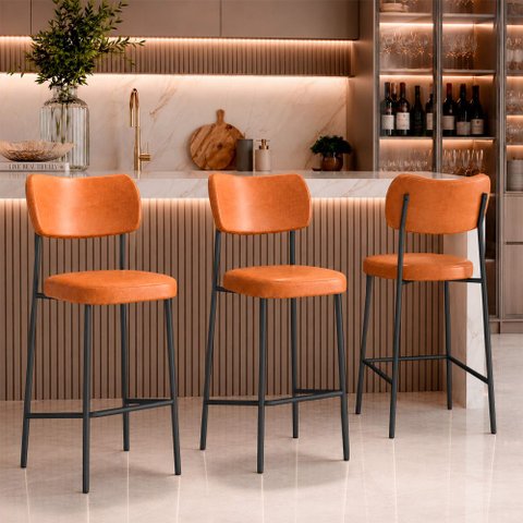 Kit 3 Banquetas Alta Sala de Jantar Lisa Pés Preto PU Caramelo m² - Monari Design