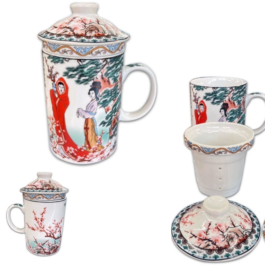 Caneca Para Chá Infusora Decorada Em Cerâmica Desenho Oriental