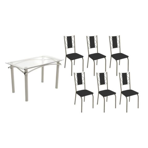 Sala de Jantar Completa Elba C/ Tampo de Vidro 120cm e 6 Cadeiras Lisboa Niquel - Courano Preto -