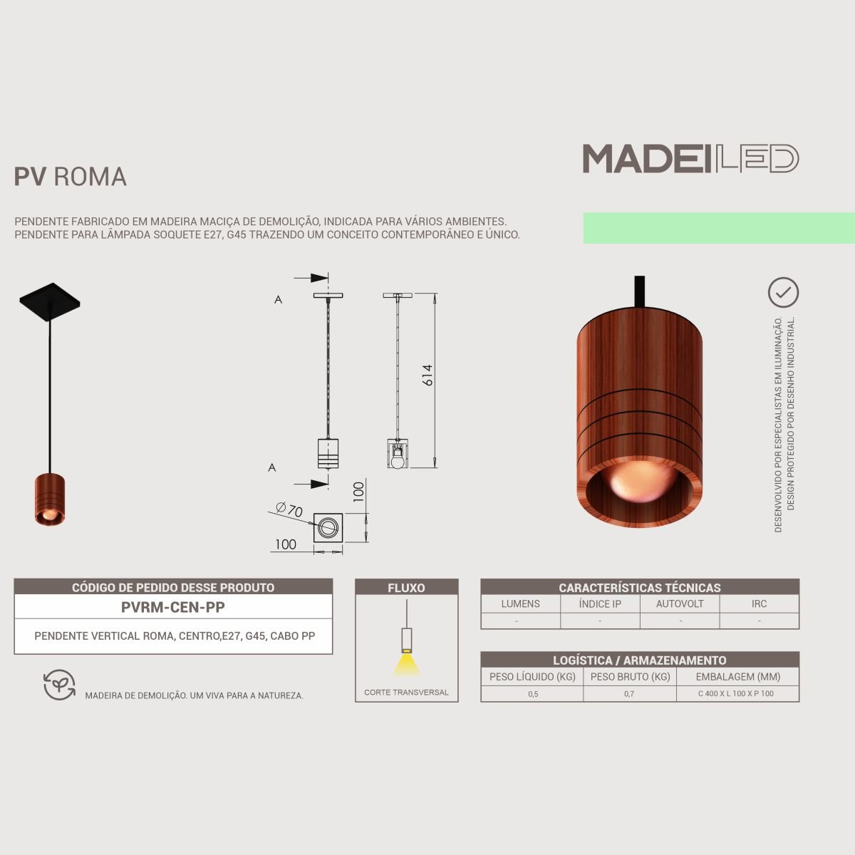 Luminária Pendente Roma em Madeira de Demolição - 4