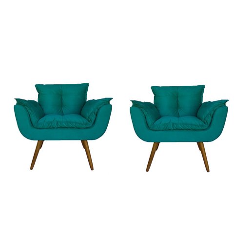 Jogo 2 Poltronas Decorativa Estofada Para Consultório Opala Suede Azul Turquesa - LM DECOR