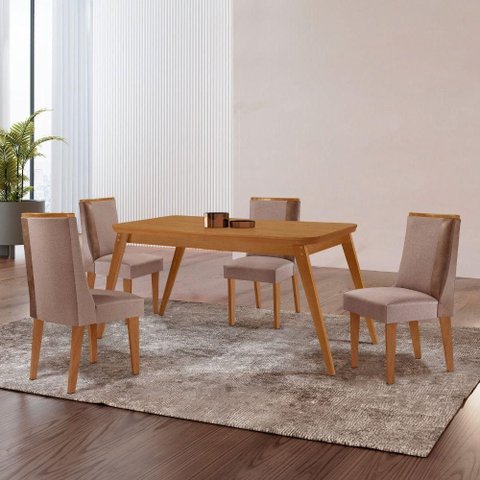 Mesa de Jantar Copper 120cm Tampo Mdf com 4 Cadeiras Moderna Linho Capuccino / Tork / Naturale