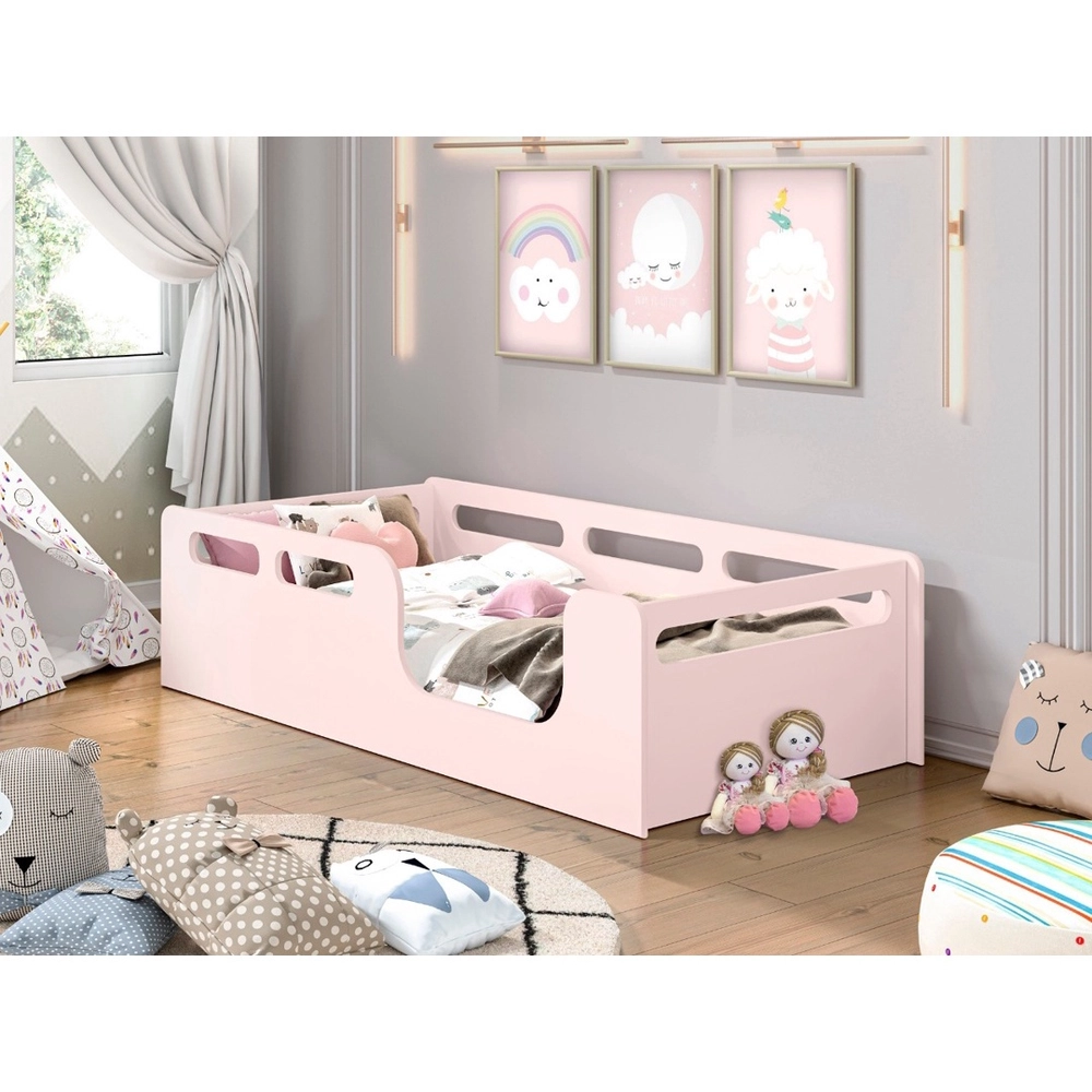 Cama Montessoriana Solteiro Rosa Princesa Proteção Lateral | MadeiraMadeira