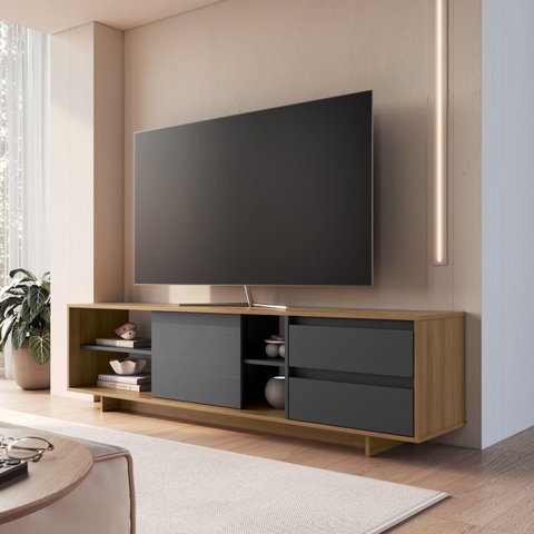 Rack para TV até 65 Polegadas 180cm com 2 Gavetas e Nichos Mel/Grafite