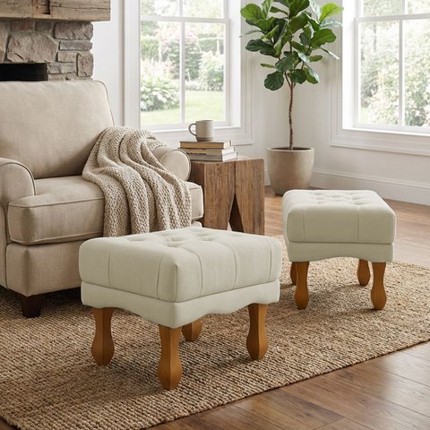 Kit 2 Puffs Duque Bouclé Premium de Luxo Elegantes para Sala Quarto Decoração Pés Luiz Xv Castanho