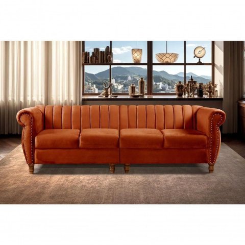Sofá Realeza Chesterfield 4 Lugares Veludo Terracota 400 Bella Decor