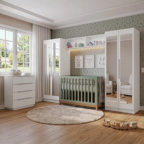 Quarto Infantil com 2 Guarda-roupas Neo com Espelhos 2 Aéreos 1 Cômoda Branco Madesa 04