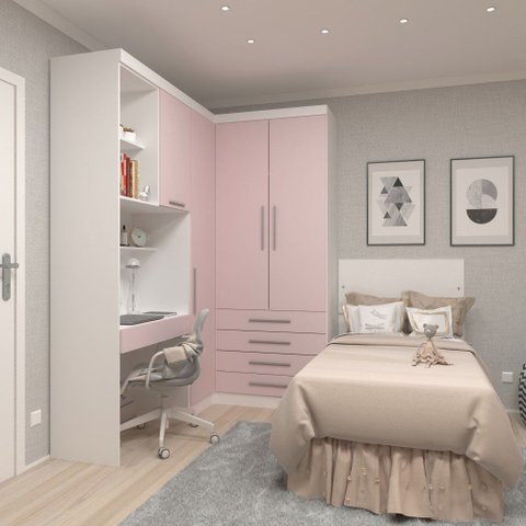 Guarda Roupa Modulado Solteiro de Canto com Escrivaninha Alpes Luciane M04 - Rosa