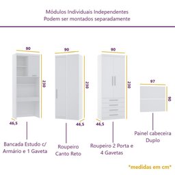 Guarda Roupa Dormitório Modulado Alpes Solteiro Canto c/ Bancada de Estudo - Roupeiro Luciane M04:Ro - 5
