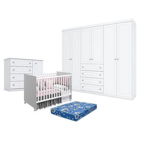 Quarto de Bebê Americano 6 Portas com Berço Nacional Mel Branco Acetinado – Reller - Henn e Colchão 