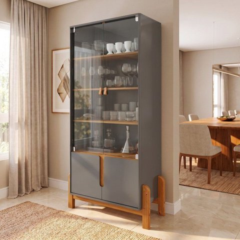 Cristaleira 4 Portas Vidro MDF Cinza Perola 83cm Lizz