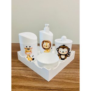 Kit Higiene Leão, Macaco e Girafa - Branco C/bandeja Quadrada Branca
