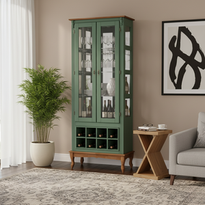 Adega e Cristaleira Colonial 2 Portas de Vidro Pés Luiz Xv - Verde Kalle Tampo e Base Imbuia Glazer