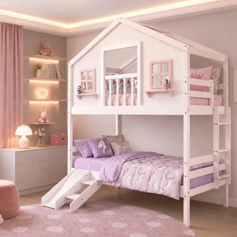 Beliche Casinha Dos Sonhos com Varanda e Kit Escorregador Madeira Maciça Branco|Rosa Housin