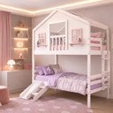 Ver imagem 1 de Beliche Casinha Dos Sonhos com Varanda e Kit Escorregador Madeira Maciça Branco|Rosa Housin