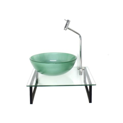 Gabinete de Vidro com Cuba Redonda Verde Tampo 40cm Incolor Mais Torneira Metal