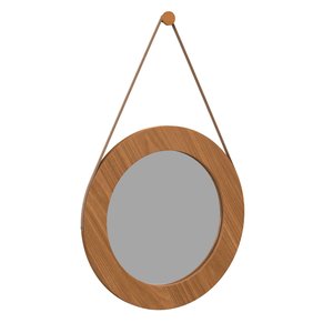 Espelho Redondo 65cm Madeira Natural Alça Couro Design Elegante Parede