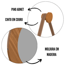 Espelho Redondo 65cm Madeira Natural Alça Couro Design Elegante Parede - 4