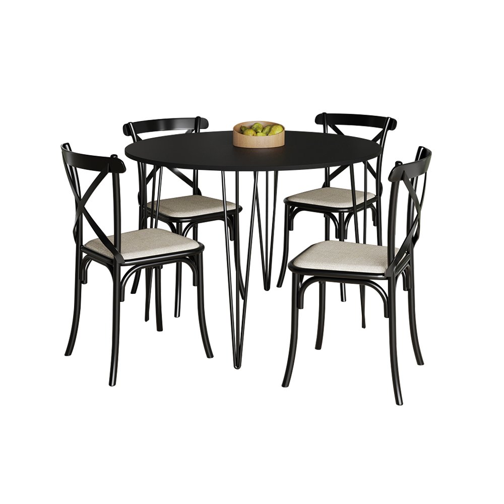 Mesa com 4 Cadeiras Katrina Preta Elen Hairpin 110cm Jantar Preta com Ferro Preto - 2