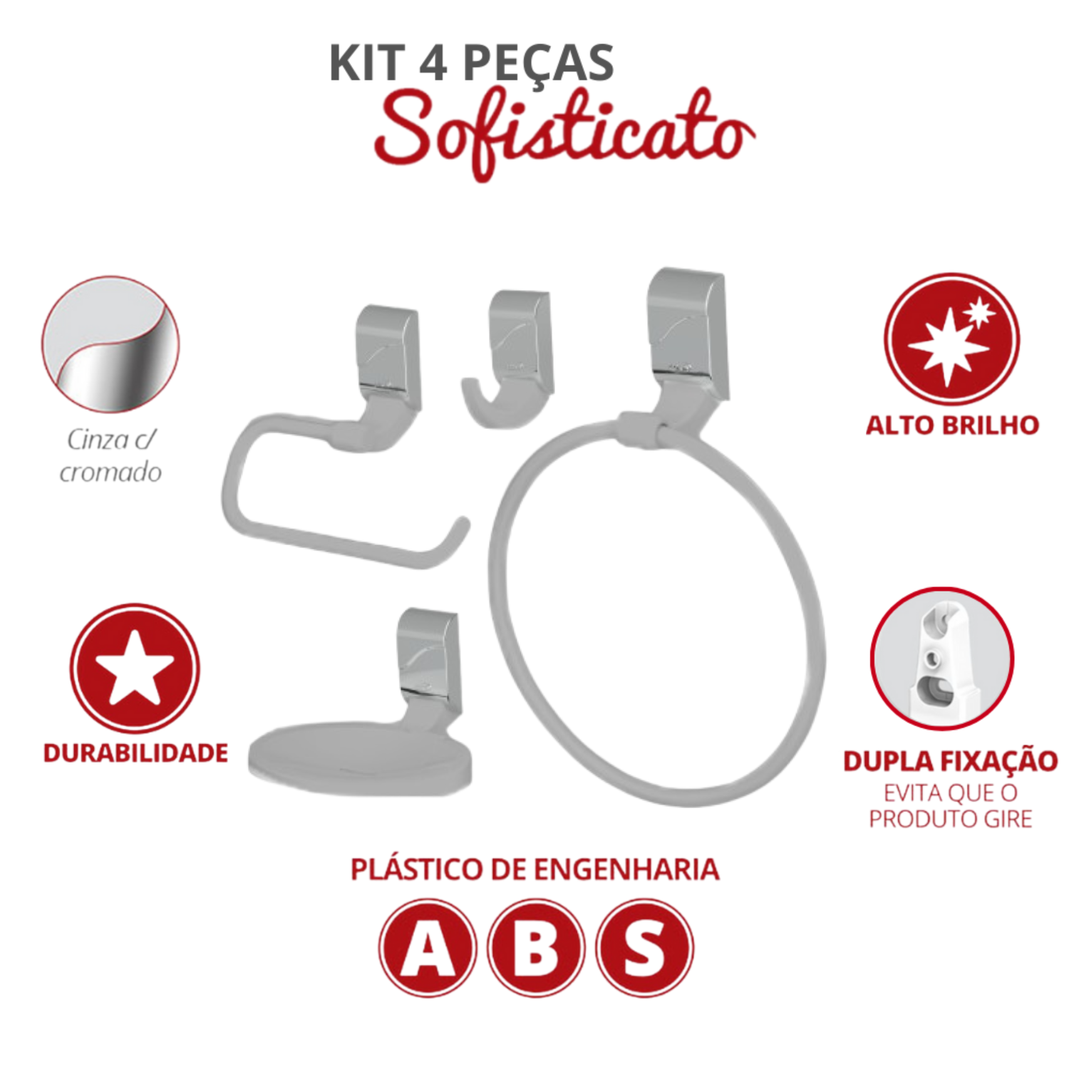 Kit Acessórios para Banheiro 4 Peças Linha Sofisticato Cor Cinza e Cromado Durín - 2