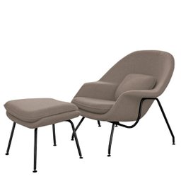 Poltrona Womb Chair Com Puff Base Preta Linho Bege - 2