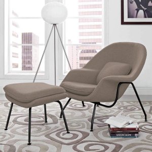 Poltrona Womb Chair Com Puff Base Preta Linho Bege