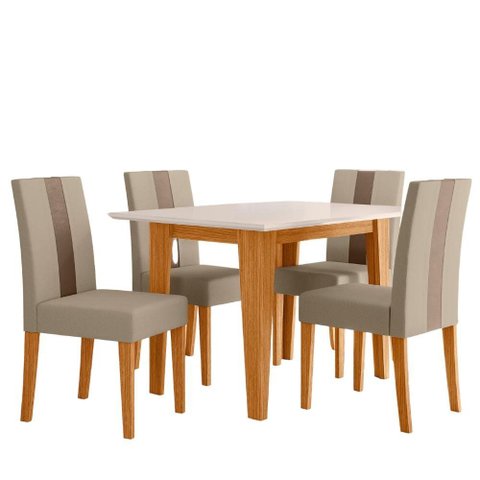Mesa de Jantar Kate com 4 Cadeiras Estofadas Linea Suede Freijo Off White Poliman