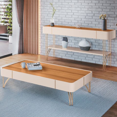 Aparador de Sala Vivant e Mesa Cadenza Off/cinamomo - Hb Móveis