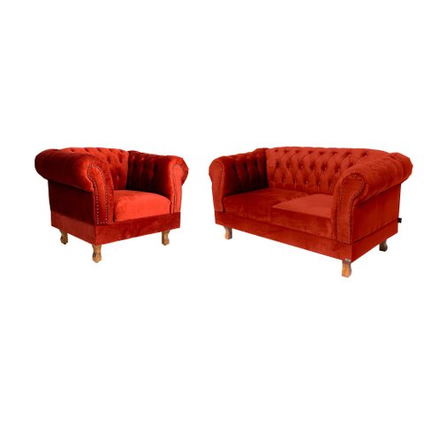 Conjunto Sofá Namoradeira Chesterfield Capitone Suede Vermelho Decorativa / Sala, Tv, Estar, Recepçã