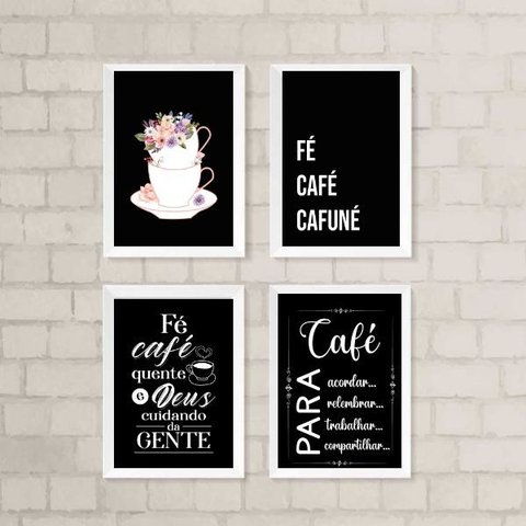Kit 4 Quadros para Cantinho do Café preto 45x34cm - com Vidro:madeira Branca