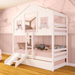 Treliche Casinha Dos Sonhos com Kit Escada/ Escorregador Madeira Maciça Branco/ Rosa Megamobilia - 1