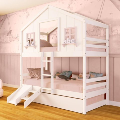 Treliche Casinha Dos Sonhos com Kit Escada/ Escorregador Madeira Maciça Branco/ Rosa Megamobilia