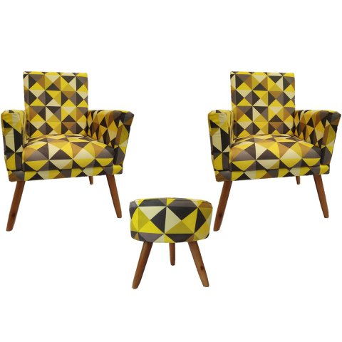 Kit 2 Poltronas Decorativa Bia + Puff Redondo Suede Triângulo Amarelo Pés Madeira Ms Decor
