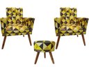 Ver imagem 1 de Kit 2 Poltronas Decorativa Bia + Puff Redondo Suede Triângulo Amarelo Pés Madeira Ms Decor