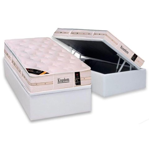 Cama Box Baú Solteiro: Colchão Molas Castor Pocket Kingdom Aloe Vera + Base CRC Courano White(88x188