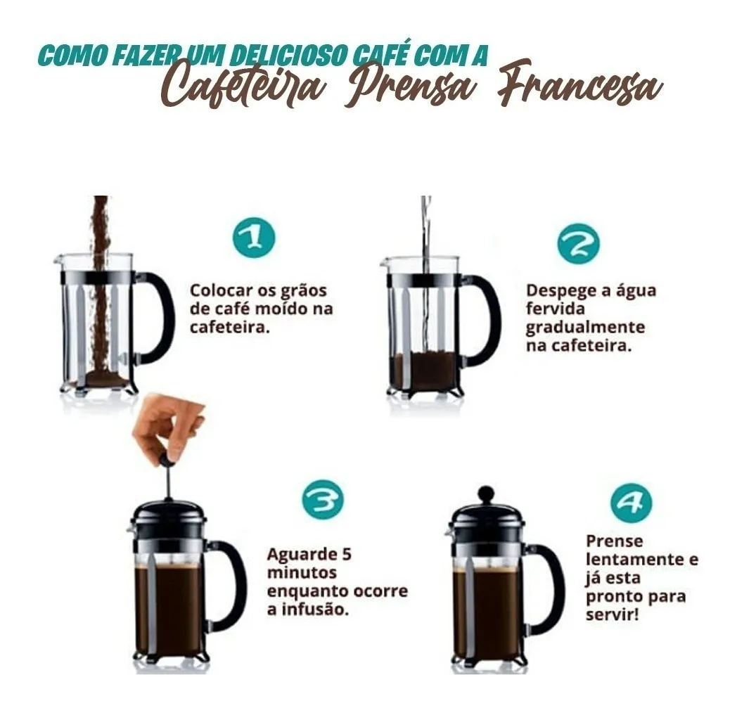 Cafeteira Prensa Francesa Vidro Inox Café Chá Cremeira | MadeiraMadeira