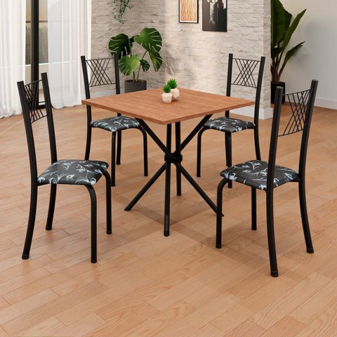 Conjunto de Mesa Tubular 70x70cm Tampo em MDF 4 Cadeiras Sara Preto/Floral/Txt