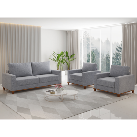 Conjunto Estofado Living 3 Lugares + 2 Poltrona Napoles Linho Inox - Casa Giulia
