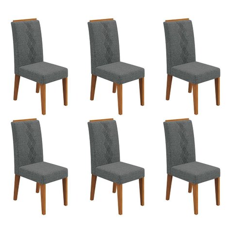 Conjunto Kit com 6 Cadeiras Estofadas para Sala de Jantar Yasmin MDF Freijó Linho Granito DJ Móveis