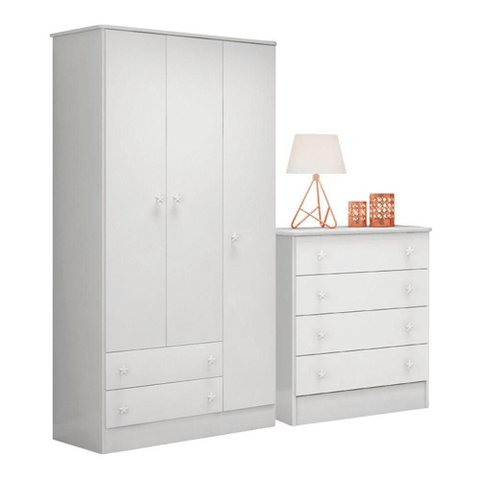 Conjunto Infantil Doce Sonho Guarda-roupa 3 Portas e Cômoda 4 Gavetas Mdp 93cm Branco Qmovi