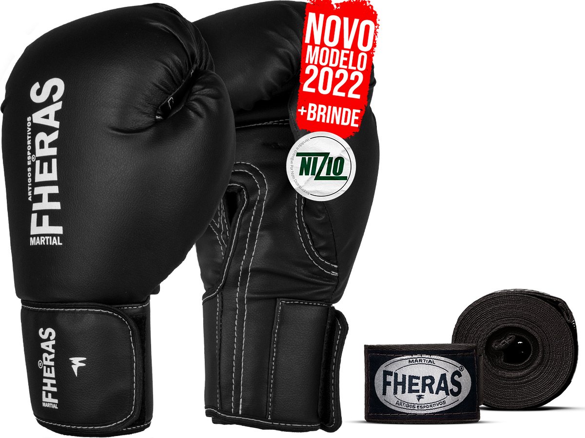 Kit Luva de Boxe Muay Thai MMA Bandagem Preta 08oz - 1